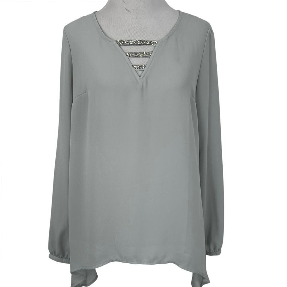 Juicy Couture Gray Blouse Rhinestone V Neck Long Sleeve Tunic Top Women Small